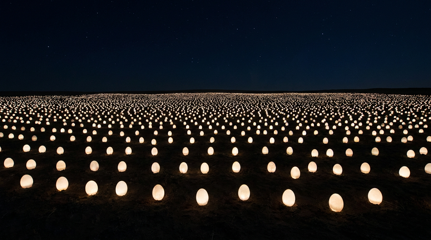 Still from the film: an endless field of glowing eggs under a night sky